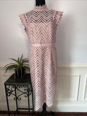 NWOT Bardot Blush Pink Crochet Lace Midi Dress High Collar 10